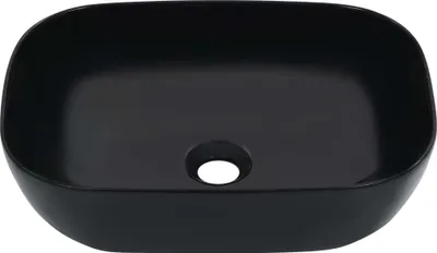 A black ceramic washbasin is shown from a front-facing, slightly elevated angle against a white background.