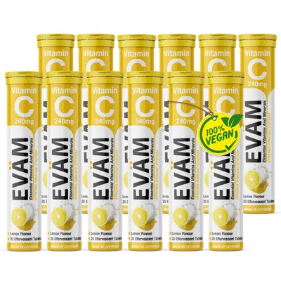 Produktbild von EVÄM Vitamin C Brausetabletten 12er Pack, Zitronengeschmack, Immunsystem & Energie, Verringerung von Müdigkeit und Ermüdung, zuckerfrei vegan