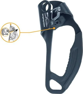 A close-up view of a black climbing ascender with an inset diagram showing how to use it.