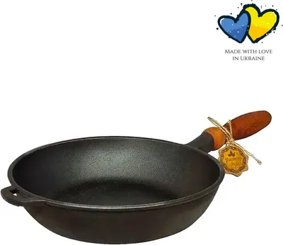 Obrázok produktu pre Liatinová panvica s drevenou rukoväťou - ø 24 x 6 cm - nepriľnavá - na pečenie - odolná proti poškriabaniu - panvica - čierna
