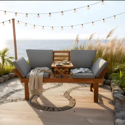 Produktbild von riess-ambiente Gartenbank MODULAR 200cm natur grau Akazie klappbare Sitzbank mit Tisch Kissen 3 Personen