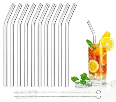 Produktbild von Glasstrohhalme 10 Stück gebogen mit 2 Reinigungsbürsten Länge 20cm Borosilikatglas wiederverwendbar