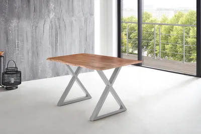 Produktbild von Esstisch Baumkante massiv Akazie natur 140 x 80 X-Gestell silber LUBIN