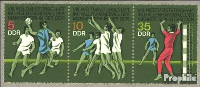Produktbild von Briefmarken DDR 1974 Mi WZd299 (kompl.Ausg.) (1928-1930 als Dreierstreifen) gestempelt Weltmeisterschaften im Hallenhandball der Männer