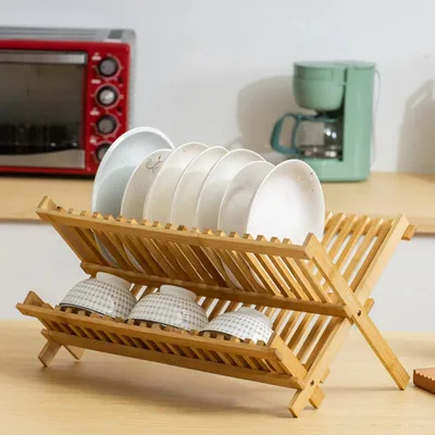 Image de Étagère égouttoir pliable en bambou pour la cuisine