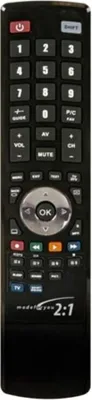 A black remote control with various buttons and labels.