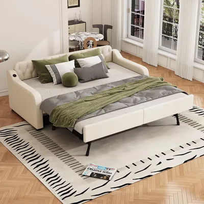 Produktbild von Flieks Schlafsofa 90x200cm mit USB, Polsterbett mit Ausziehbett, Tagesbett Gästebett mit Lattenrost, Einzelbett Holzbett, Leinen, Beige