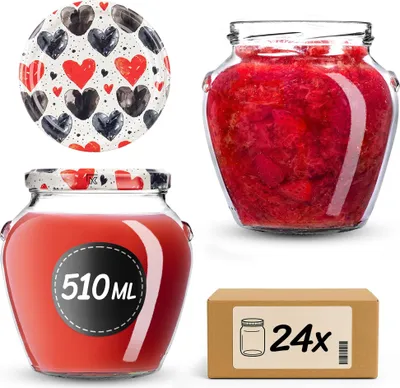 Imagen del producto de Frascos de vidrio KADAX de 510 ml con tapa de rosca, diámetro 82 mm. Frascos con tapa, ideales para miel, frutas y verduras, y para hacer conservas. Frascos para mermelada (forma de corazón, 24 unidades)