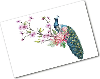 Produktbild von Tulup Glas Herdabdeckplatte - 80x52 cm - Glaskeramikkochfeld-Abdeckung Spritzschutz Glasabdeckplatte - Einteilig - Tiere - Pfau und Blumen - Mehrfarbig
