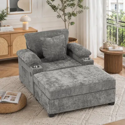 Produktbild von Chenille Liegestuhl mit Getränkehalter und USB Grau Sessel Relaxsessel
