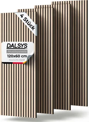 Produktbild von Dalsys 4x Akustikpaneele Holz 120x60cm mit Lamellen Eiche hell - Wandpaneele Holz für Schallschutz in Büro- & Wohnräumen - Akustik Paneele Wand - 3D Wandverkleidung innen - Holzpaneele Wand