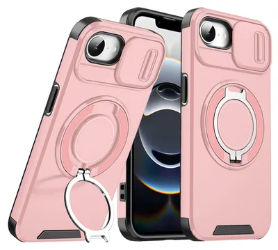 Image de Étui double couche pour iPhone 16e/iPhone 17e, avec cache coulissant pour l'appareil photo et anneau magnétique pour support Rose