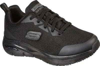 A black Skechers sneaker shown from a side-angle on a white background.