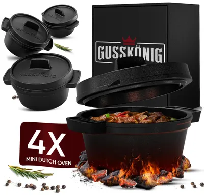 Image de GUSSKÖNIG Dutch Oven Set Mini - 4x 300ml Casserole en fonte avec couvercle - déjà cuit Mini Dutch Oven - Mini Cocotte en fonte