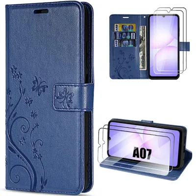 Image de Coque + 2 Verres Trempés pour Samsung Galaxy A07, Protection Cuir Synthétique Relief Papillon Bleu Marine
