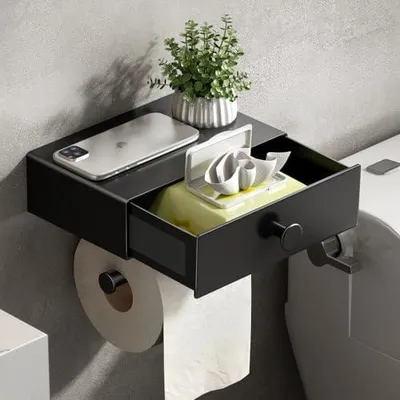 Produktbild von VOLDRA Toilettenpapierhalter Ohne Bohren, Klopapierhalter Mit Feuchttš¹cherbox Klorollenhalter mit Schublade Ablage Papier Halterung fš¹r Wc & Bad-Wandhalterung(Matt-schwarz)