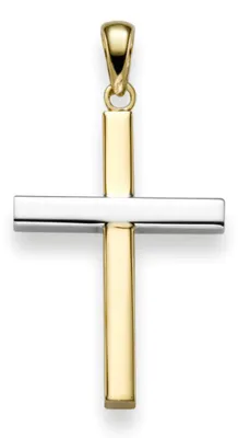Zdjęcie produktu dla Zawieszka w kształcie krzyża, wymiary 30x16,5 mm, wykonana z 585 próby złota, dwukolorowa: żółte złoto i białe złoto
