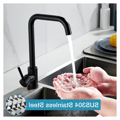 Produktbild von Schwarzer Wasserhahn für die Küche aus Edelstahl, Küchenarmatur mit 360° Drehung und hohem Auslauf (268 mm), G3/8 Anschlüsse
