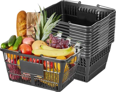 Obrázok produktu pre VEVOR nákupný košík, balenie po 12 kusoch, 21 l stohovateľný plastový košík s držadlom, hustá sieťovina, nosnosť až 9 kg, nákupný košík pre potravinárske obchody, maloobchod, supermarkety, čierny
