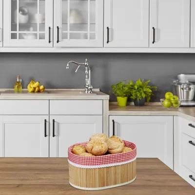 Produktbild von 4 x Brotkörbchen Bambus, Stoffeinsatz, HxBxT: 16,5 x 33,5 x 23,5 cm, Aufbewahrungskörbchen, für Frühstückstisch, natur