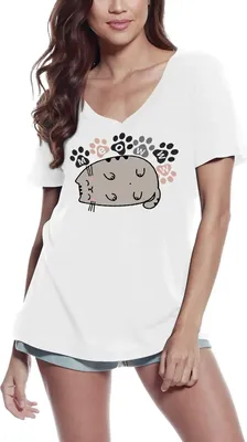 Produktbild von Damen Grafik T-Shirt V-Ausschnitt Katze miau – Cat Meow – Öko-Verantwortlich Vintage Jahrgang Kurzarm Lustige Druck Geburtstag Geschenk Frau
