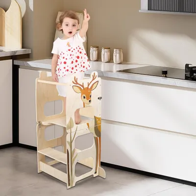 Produktbild von 2 in 1 Learning Tower für Kinder,Montessori Stehhilfe mit Tafel,Holz Lernturm Kleinkind Küchenhelfer Tritthocker für Kinder ab 1 Jahr (Sikahirsch)