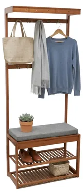 Garderobenständer mit Sitzbank, 10 Haken, Bambus, 175x70x33 cm