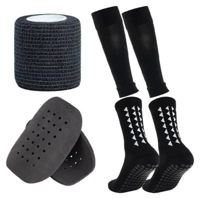 Immagine prodotto di INF Set Parastinchi da Calcio con Fasce e Manicotto Slip-On — Protezione Antiscivolo a Quattro Strati, Comfort in Poliestere Nero