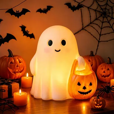 Produktbild von Halloween Geisterstatue Nachtlicht aus Kunstharz, Niedliche Geisterkürbis Nachtlicht, Halloween-Dekoration, 3D-LED-Nachtlicht für Schlafzimmer,Party