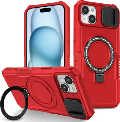 Produktbild von Handyhülle für iPhone 15 /iPhone 14 Kompatibel mit MagSafe, Robuste Hülle mit Schiebe Kamera Schutz, Magnetischer Ringständer Rot