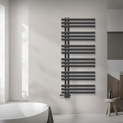 Obrázek produktu pro LuxeBath Designové koupelnové otopné těleso, 600x1400 mm, antracit, připojovací sada termostatu univerzální rohová a přímá, bez topného tělesa