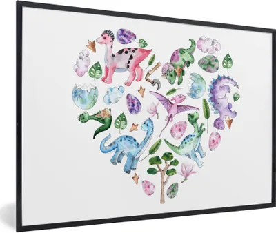 Produktbild von MuchoWow® Gerahmtes Poster Kinderzimmer - Muster - Dinosaurier - Mädchen - Kinder - Rosa - Kinder 90x60 cm - Poster mit Schwarzem Bilderrahmen Wandposter Rahmen Foto Bilder - Fotorahmen - Foto-Plakat