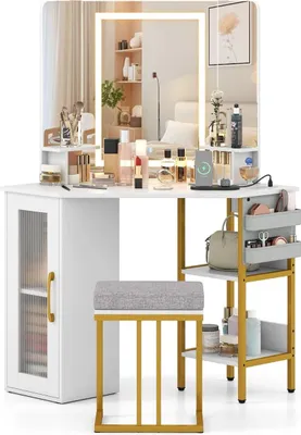 Produktbild von Eck-Schminktisch mit Hocker, LED-Spiegel und Ladeanschlüssen