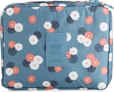Produktbild von HDWISS Kosmetiktasche mit mehreren Fächern, bedruckt mit blauen Blumen