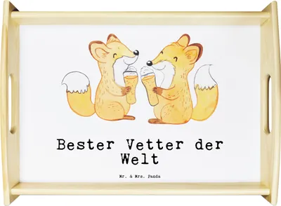 Produktbild von Mr. & Mrs. Panda Tablett Fuchs Bester Vetter der Welt - Weiß - Geschenk, Sofa, Holztablett, Küchentablett, Geschenkidee, Cousin, Cousine, Verwandtschaft, teetablett