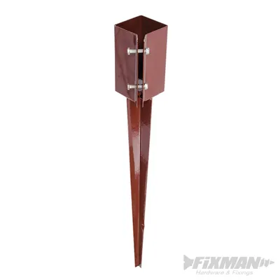 A brown metal post anchor with a pointed base and a square top section secured by bolts.
