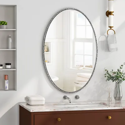 Obrázek produktu pro AIORBER Oválné nástěnné zrcadlo, s vintage kovovým rámem, vysoce kvalitní sklo, snadná montáž, 65x3x100cm, do koupelny, ložnice, stříbrná barva