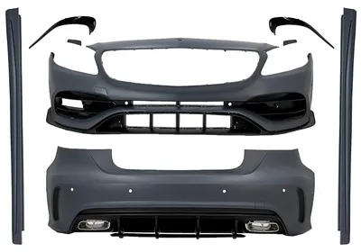 Imagen del producto de Kit de carrocería para MERCEDES Clase A W176 (12-18), modelo restyling, con aspecto A45. Incluye: parachoques delantero, alerón delantero y embellecedores de escape.