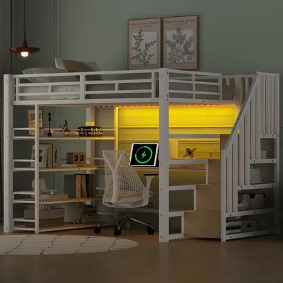 Produktbild von 140x200 Metall-Hochbett mit Treppe, integriertem Schreibtisch, Staufächern, USB-Ladestation und LED-Licht, Weiß