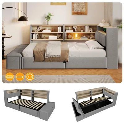 Zdjęcie produktu dla Sofa rozkładane, 90 x 200 cm, z hydraulicznym mechanizmem rozkładania, z pojemnikiem na pościel, z gniazdkiem elektrycznym, z boczną szafką, którą można zamontować po lewej lub prawej stronie, wyposażoną w port USB