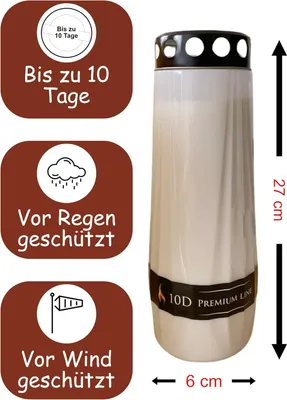 Produktbild von Aura Grabkerze Nr. 10 ,weiß , Brenndauer von bis zu 10 Tage (8 Stück), Gedenkkerze, Grablicht, Friedhofskerze, Totenlicht, Friedhofskerze (weiß)