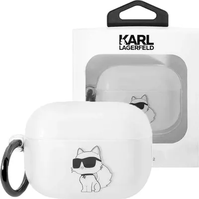 A Karl Lagerfeld Airpods Pro 2 case with a Choupette cat illustration, shown in its packaging.