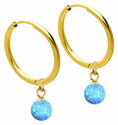 Produktbild von Chirurgenstahl Ohrclicker Creolen SYNTHETISCHER OPAL Farbe: Gold + Opal: Hellblau Innendurchmesser: 14 mm