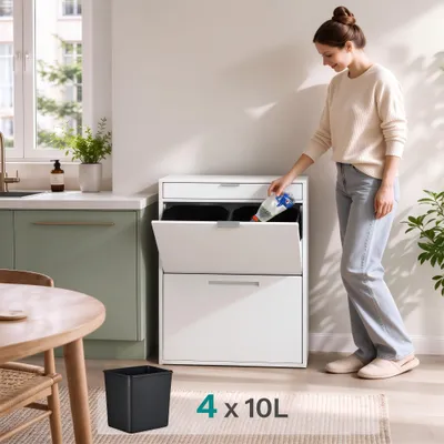 Produktbild von Mülleimerschrank mit 4 Abfalleimern, Mülltrennsystem Küchen Unterschrank Aufbewahrung Mülleimer mit Schublade und 62x24x90 cm