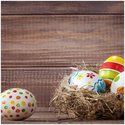 Produktbild von Wallario Premium Glasbild, freischwebende Optik, kräftige Farben, Größe 30 x 30 cm Motiv Bunte bemalte Eier an Ostern im Vorgelnest vor hölzerner Wand