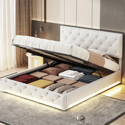 Produktbild von Fortuna Lai Polsterbett 160x200cm mit Bettkasten und LED-Beleuchtung, hydraulisches Boxspringbett mit höhenverstellbarem Kopfteil und Lattenrost, Leinen Doppelbett Jugendbett Stauraumbett, Weiß