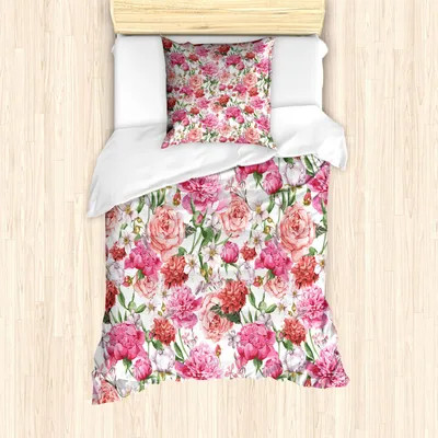 Produktbild von ABAKUHAUS Aquarell-Blumen Bettbezug Set, Viktorianischer Blumenmuster-Malerei-Art-Druck mit Pfingstrosen und Rosen, 135 x 200 cm + 80 x 80 cm, Weiß Rosa Rot