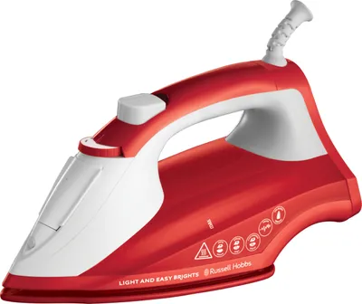 A red and white Russell Hobbs iron against a white background.