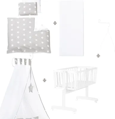 Obrázek produktu pro roba dětská kolébka Little Stars 40 x 90 cm ze dřeva - kolébka a postýlka - kompletní postýlka s funkcí zamykání a textilním vybavením - bílá / šedá