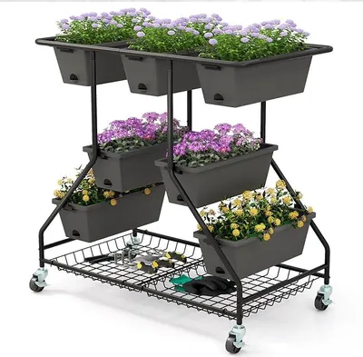 Produktbild von Vertikales Hochbeet, Outdoor Pflanzerständer mit 7 Pflanzkästen, Drainagelöchern & Aufbewahrungskörben, mit abschließbaren Rollen, Schwarz